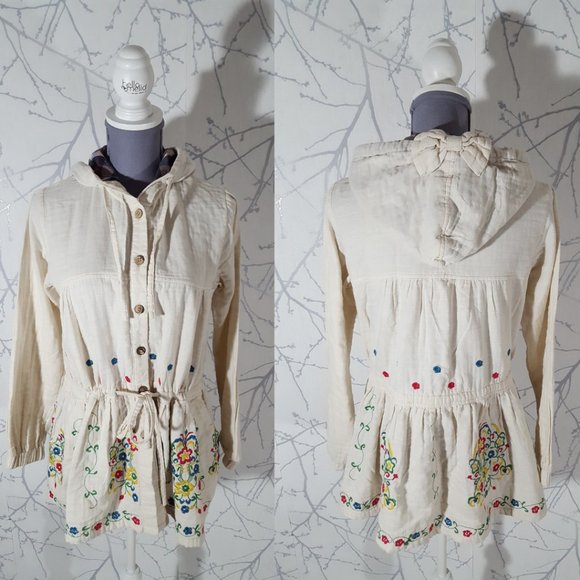 Urban Culture Ivory Floral Embroidered Button Front Cinch Waist Hoodie - Picture 4 of 6